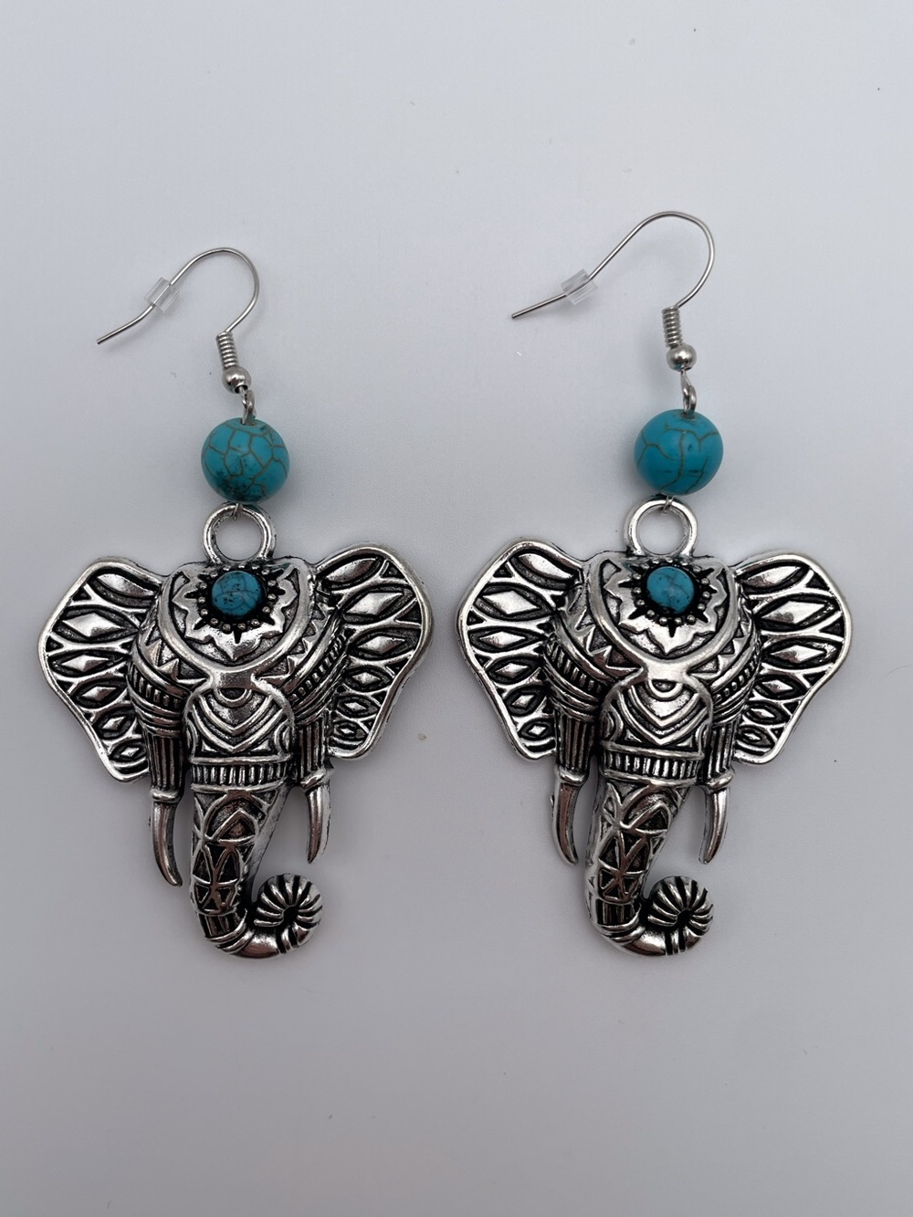 Silver Elephant Dangle Earrings with Turquoise Beads